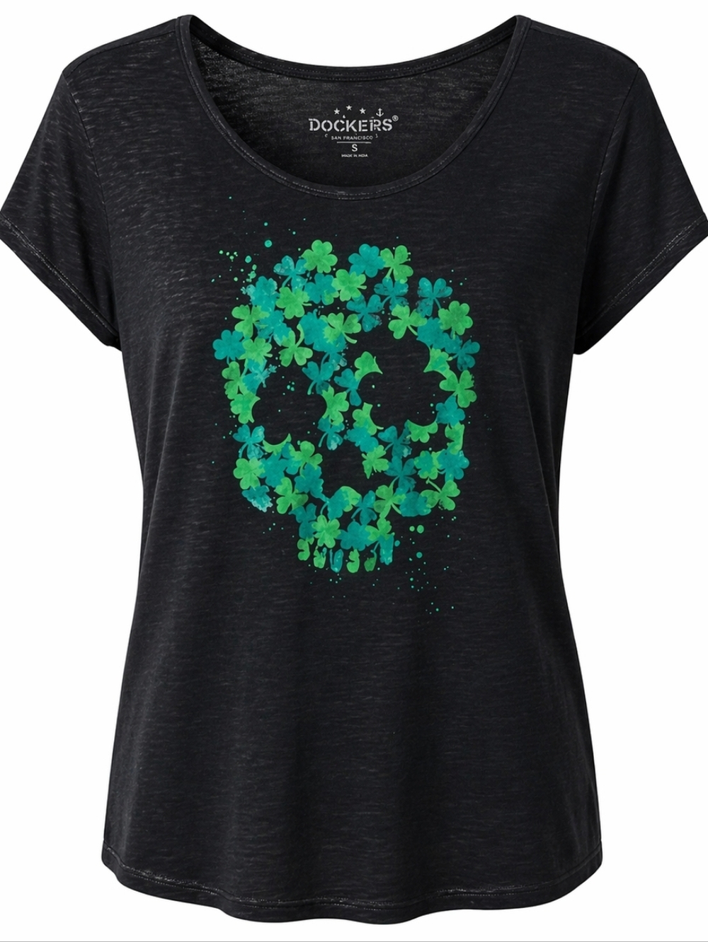 Rocker Girl Sheer Black Graphic T-Shirt XL Skull Clover Print Lightweight Tee